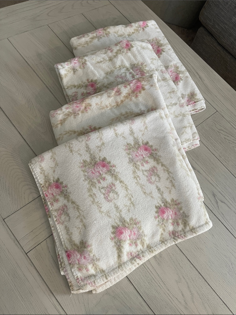LoveShackFancy Cream Bath Towel with Pink Rose Wreath Pattern - Picture 2 of 5